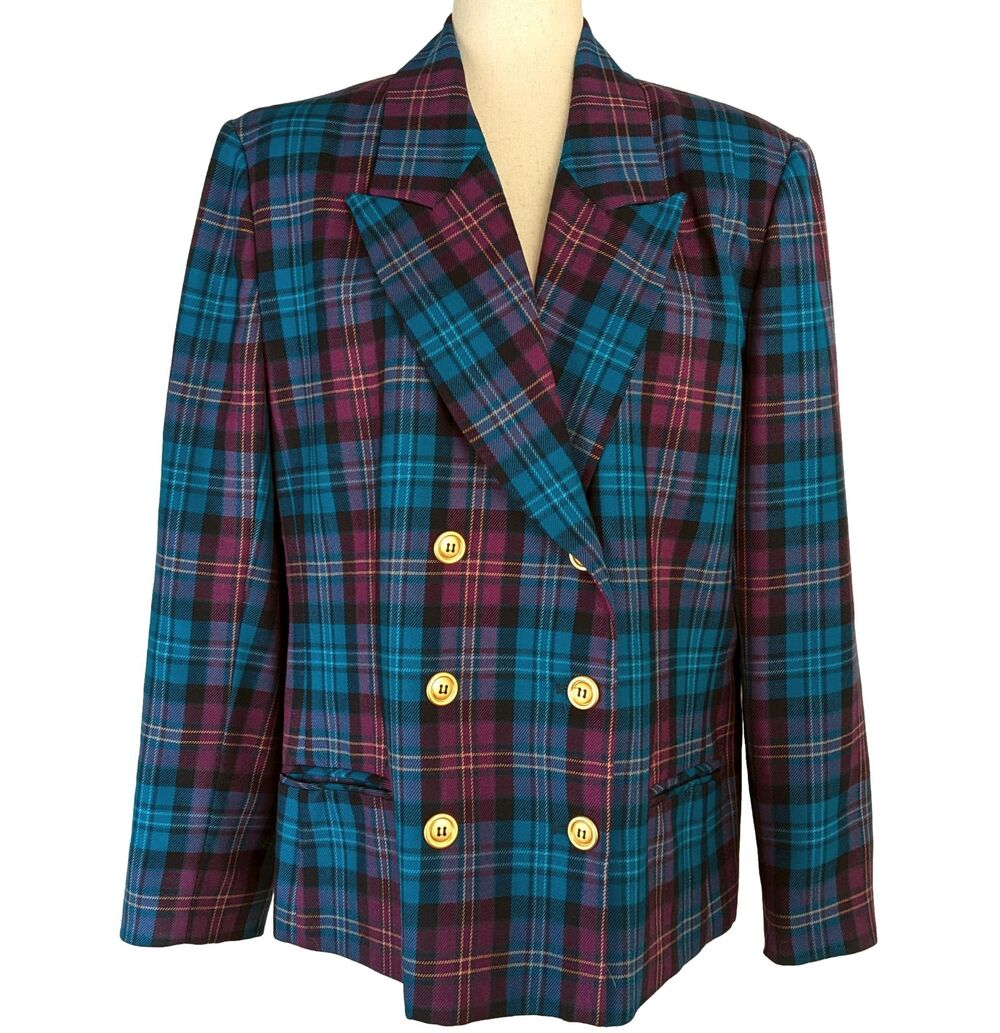 NWT Pendleton Women's 18 Green Plaid Wool Double-Breasted Blazer Gold Buttons